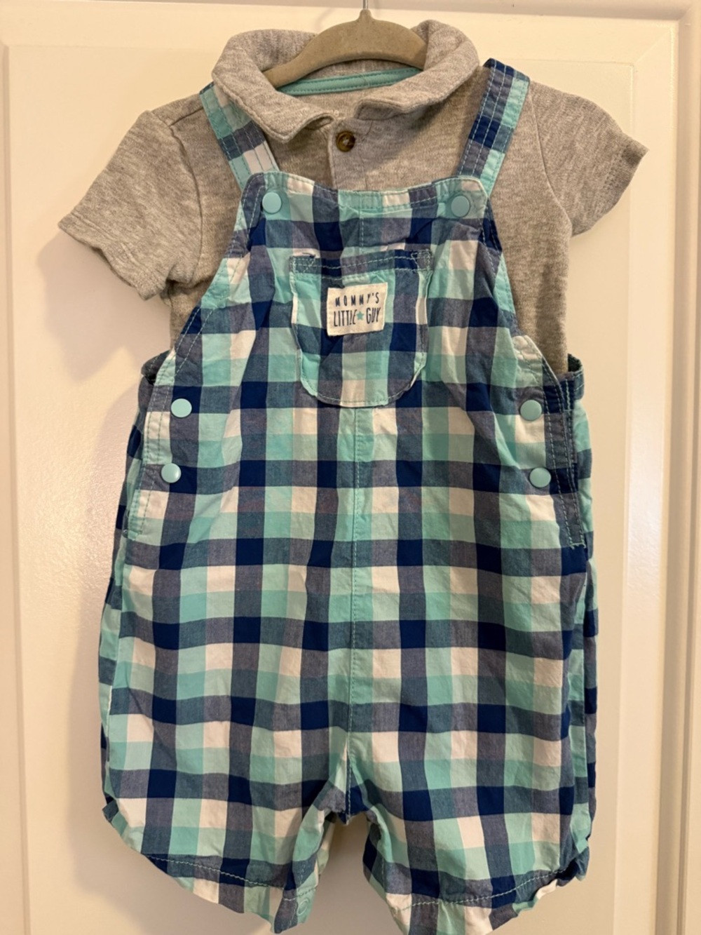 Just One You by Carter’s Plaid Blue & Teal Cotton Baby Overalls with Grey Polo